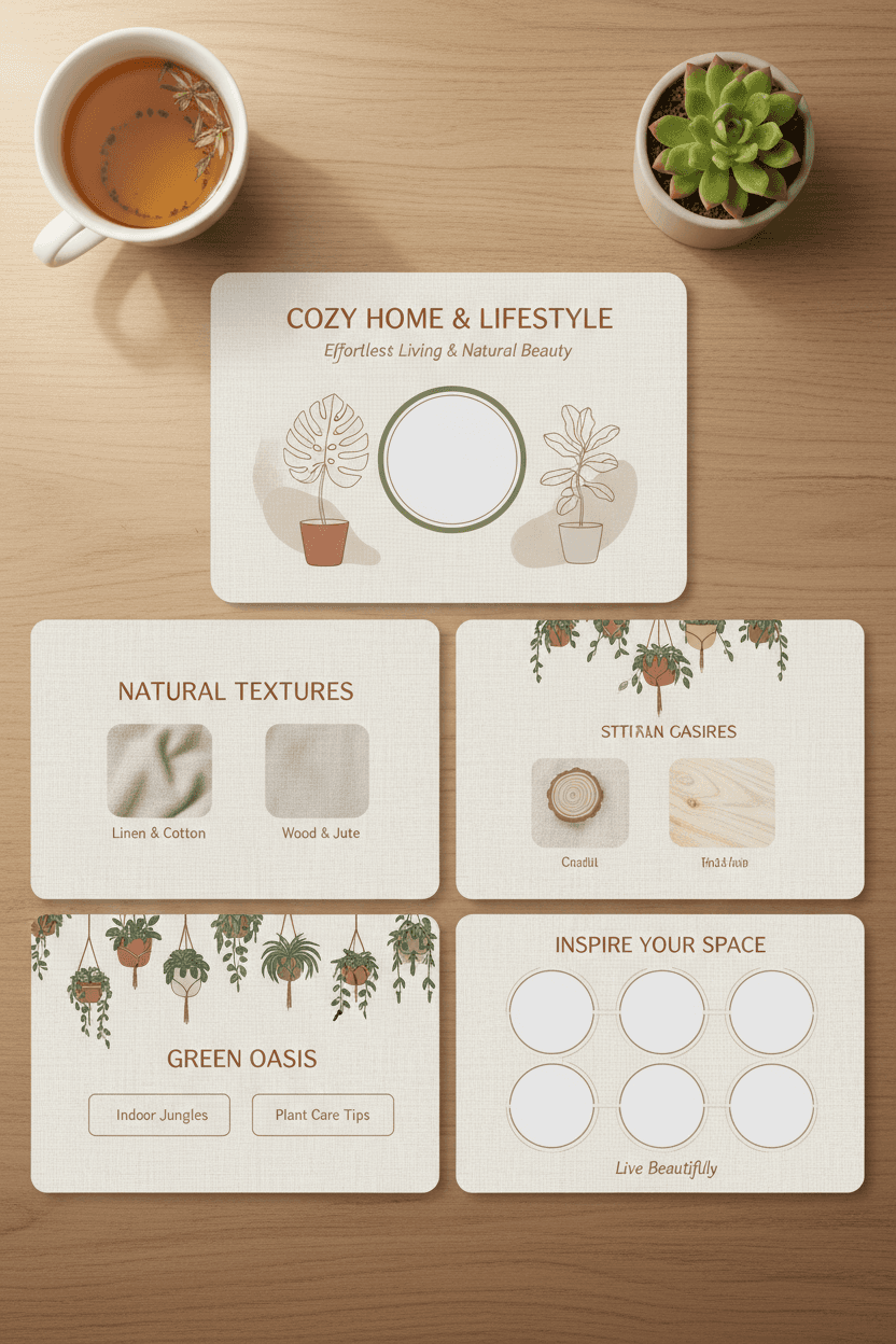 리넨과 나무 질감, 식물 일러스트레이션, 따뜻한 베이지 및 테라코타 팔레트가 있는 아늑한 라이프스타일 템플릿입니다.