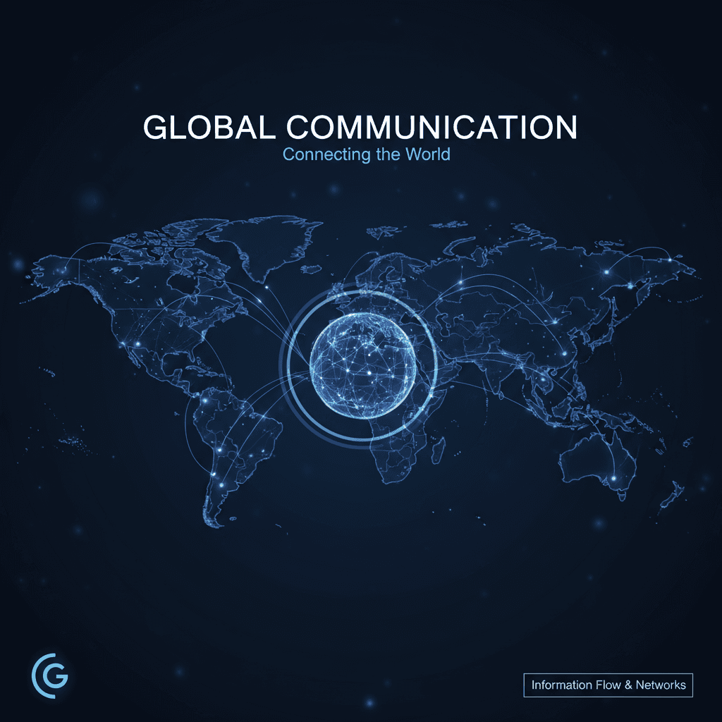 세계 지도를 형성하는 상호 연결된 빛나는 선으로 전 세계적인 연결과 정보 흐름을 상징하는 글로벌 커뮤니케이션 PPT 템플릿 (어두운 배경).