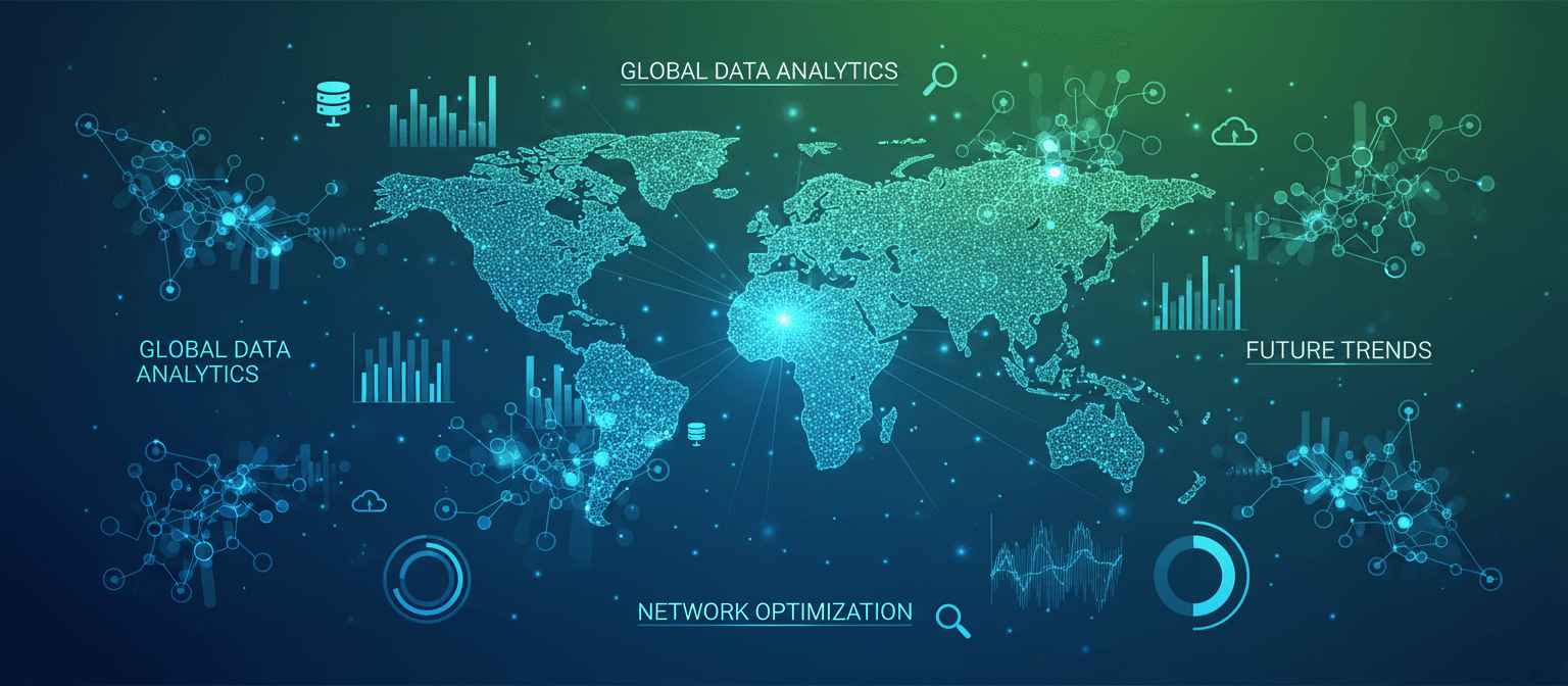 상호 연결된 노드, 데이터 시각화 요소, 글로벌 지도가 파란색과 녹색 톤으로 표현된 현대적인 인포그래픽 스타일 PPT 템플릿 배경입니다.