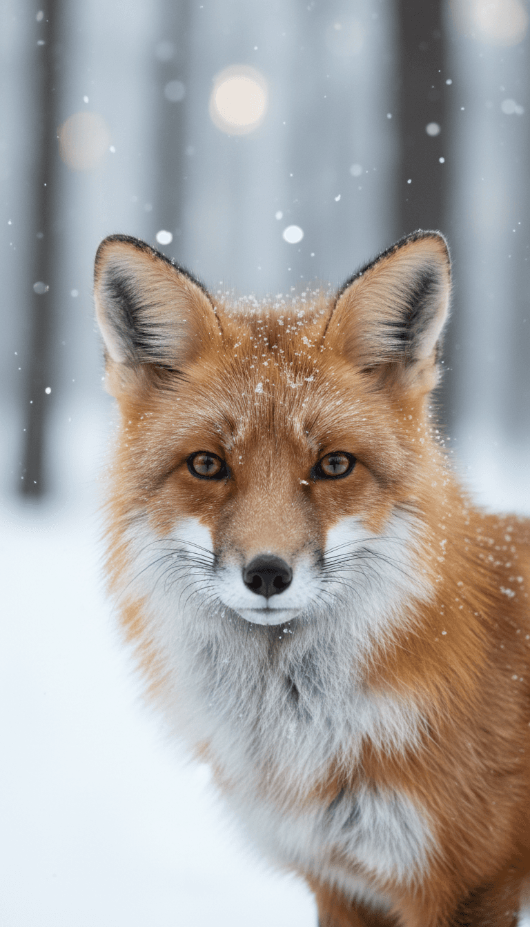 눈 덮인 숲 속의 붉은 여우, 배경이 흐릿한 자연 바탕화면.