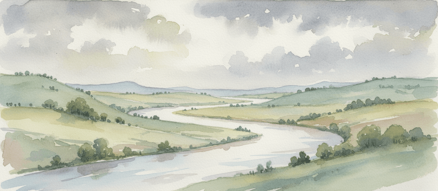 구불구불한 강과 언덕을 묘사한 부드러운 수채화 풍경 바탕화면.