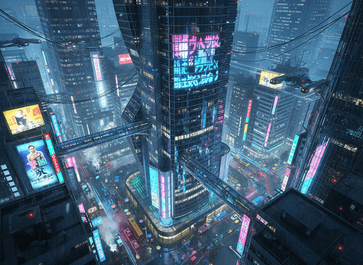 젖은 거리에 네온 불빛이 반사되는 네오-퓨처리즘 도쿄 야경 바탕화면.