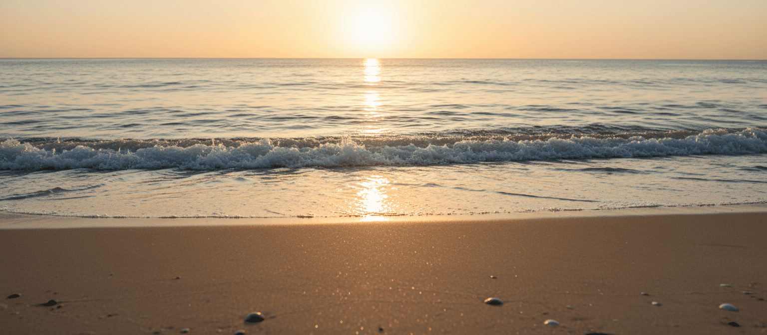 일출에 잔잔한 파도가 부서지는 고요한 해변의 미니멀리스트 바탕화면.