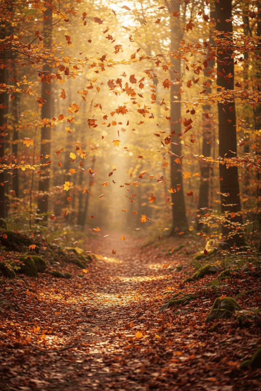 따뜻한 햇살 아래 숲길에 떨어지는 알록달록한 가을 단풍, 계절 바탕화면.