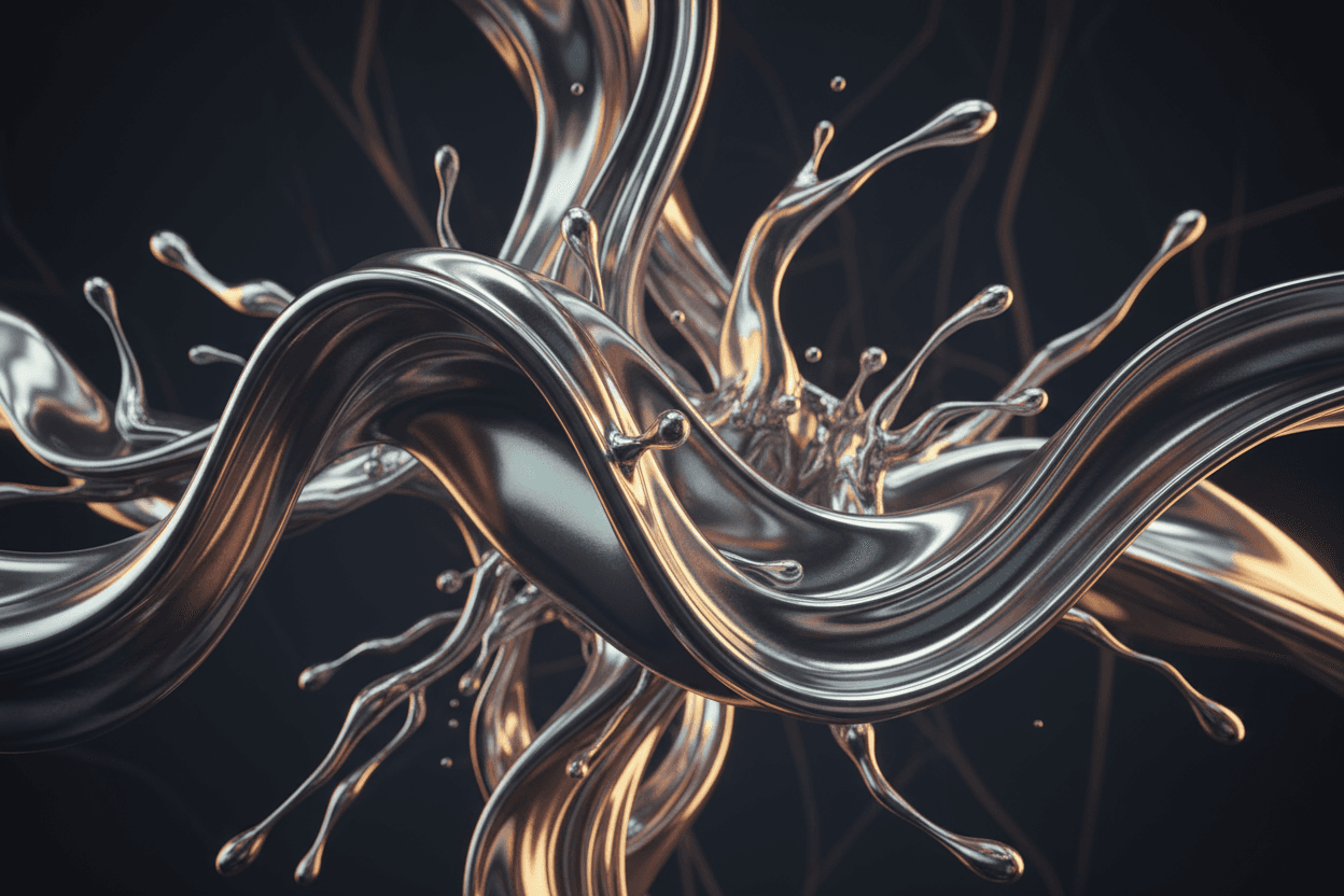 은색과 금색 톤의 역동적인 액체 금속 소용돌이, 추상적인 바탕화면.