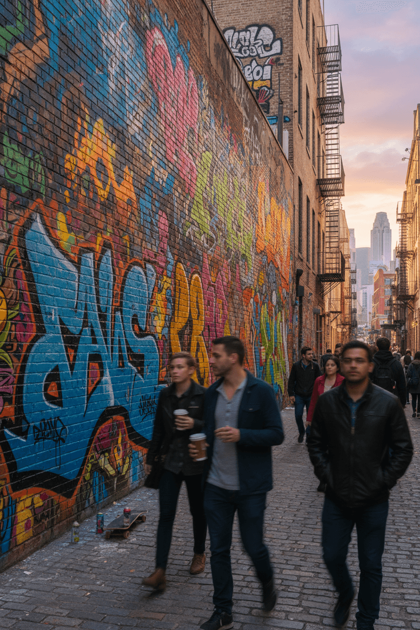 오래된 벽돌 벽을 덮은 생동감 넘치는 거리 예술 벽화, 도시적인 바탕화면.