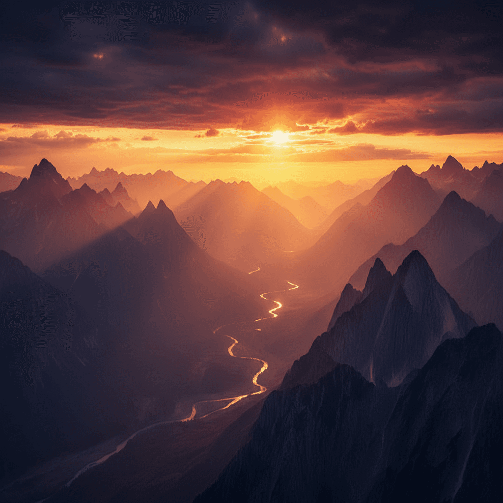 험준한 산봉우리 위로 불타는 듯한 일몰, 웅장한 자연 바탕화면.