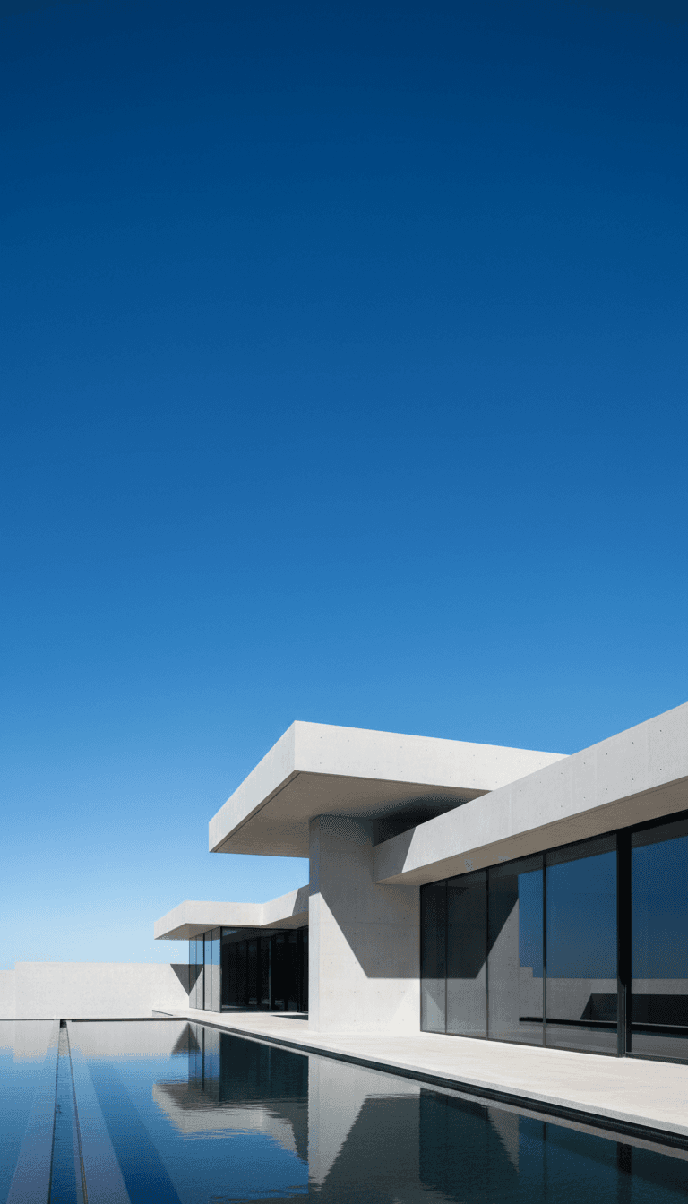 맑은 파란 하늘을 배경으로 한 미니멀한 현대 건축물, 깔끔한 바탕화면.