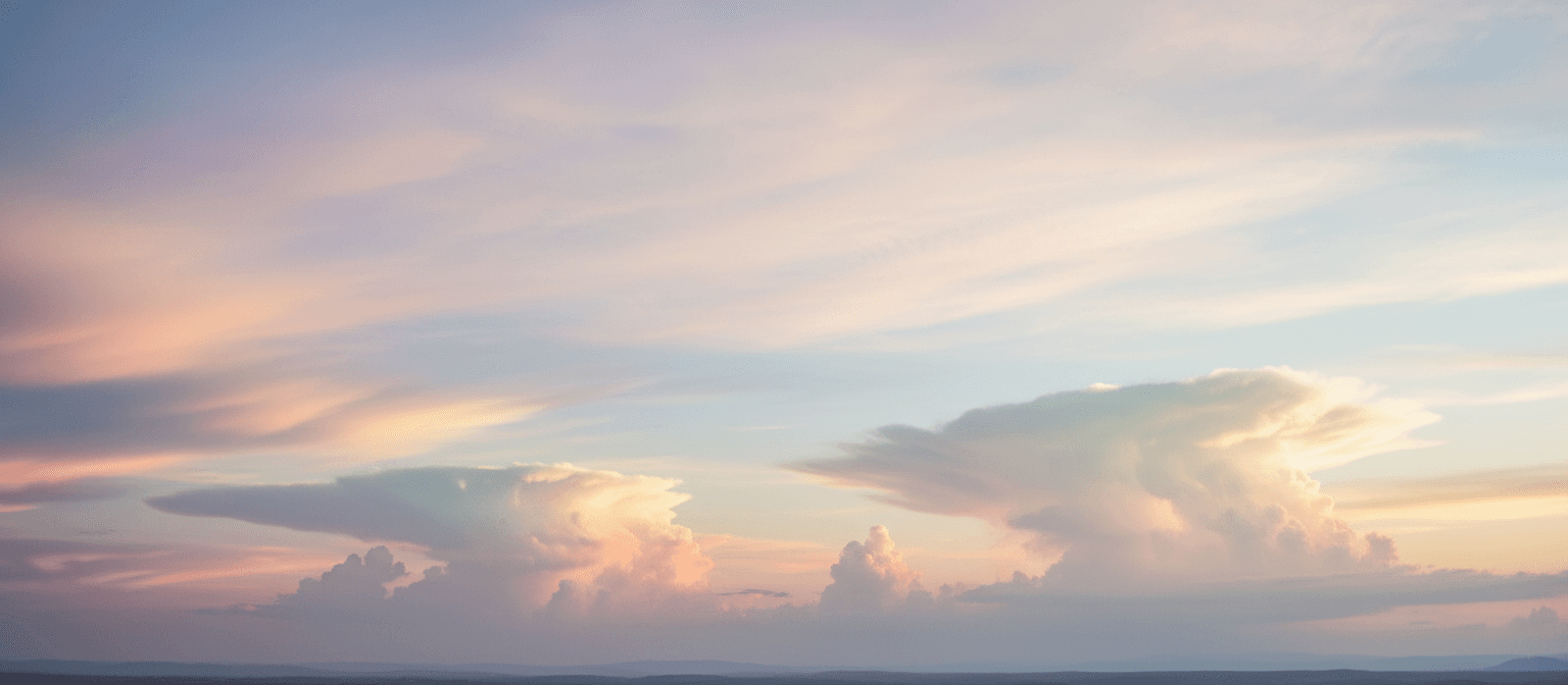 부드러운 하늘에 떠있는 몽환적인 파스텔톤 구름, 평화로운 바탕화면.