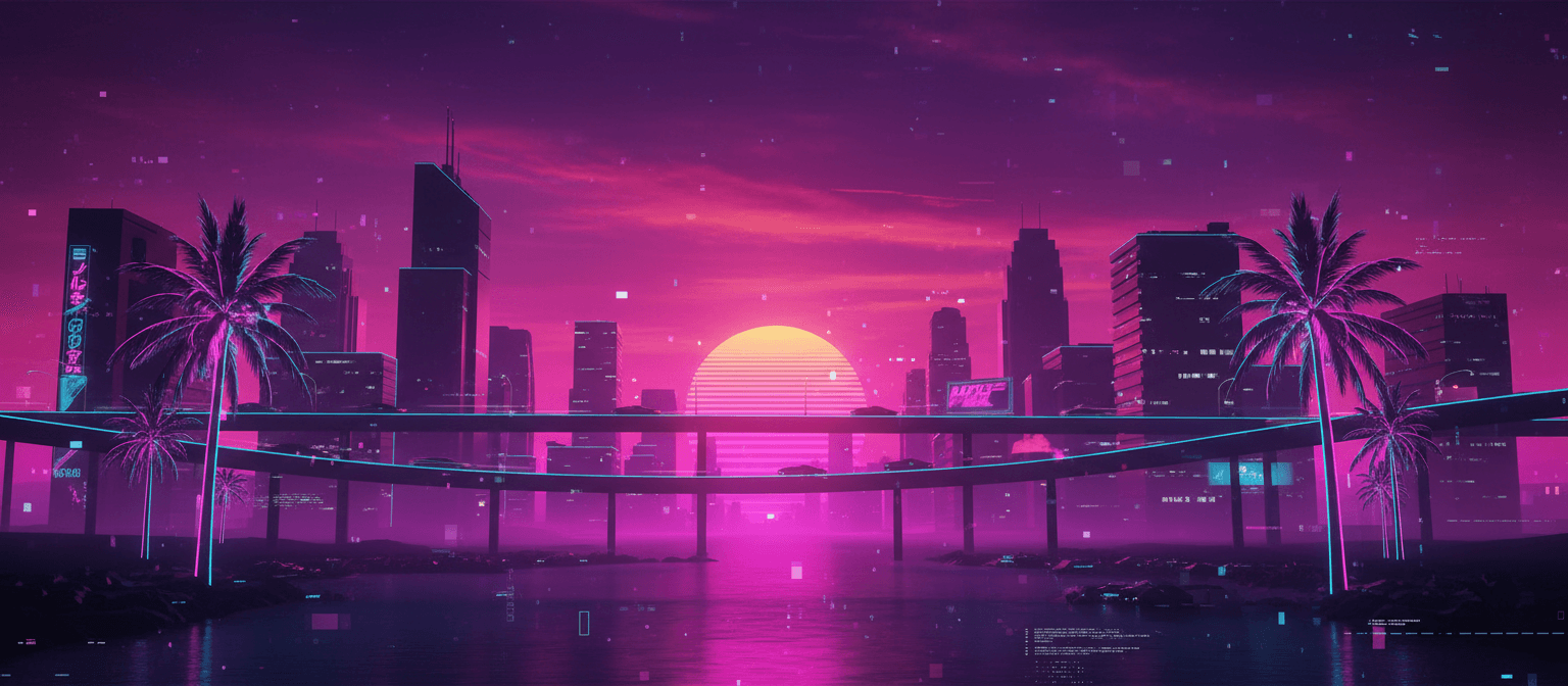 네온 야자수와 함께하는 신스웨이브 스타일의 도시 일몰, 80년대 감성 바탕화면.