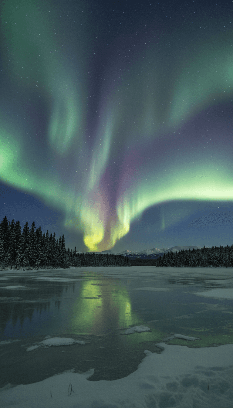 얼어붙은 호수 위로 춤추는 경이로운 오로라, 겨울밤 바탕화면.