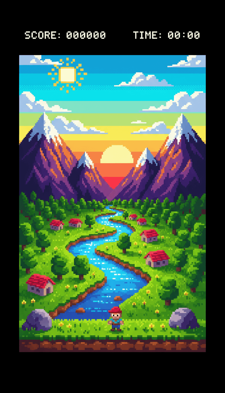 픽셀 아트 스타일의 레트로 풍경, 8비트 게임 감성의 향수를 불러일으키는 바탕화면.