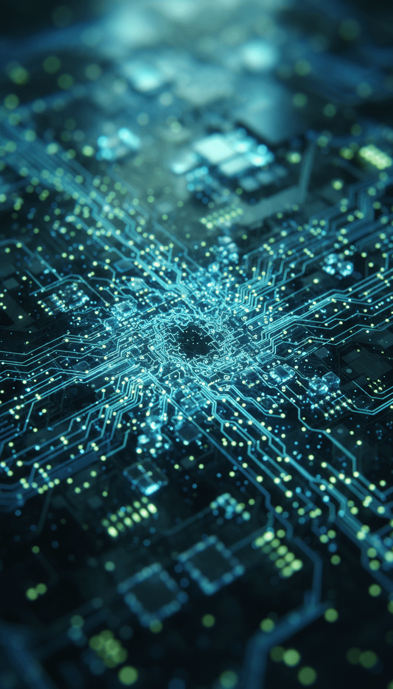 푸른빛과 초록빛이 감도는 미래형 회로 기판의 클로즈업, 하이테크 바탕화면.
