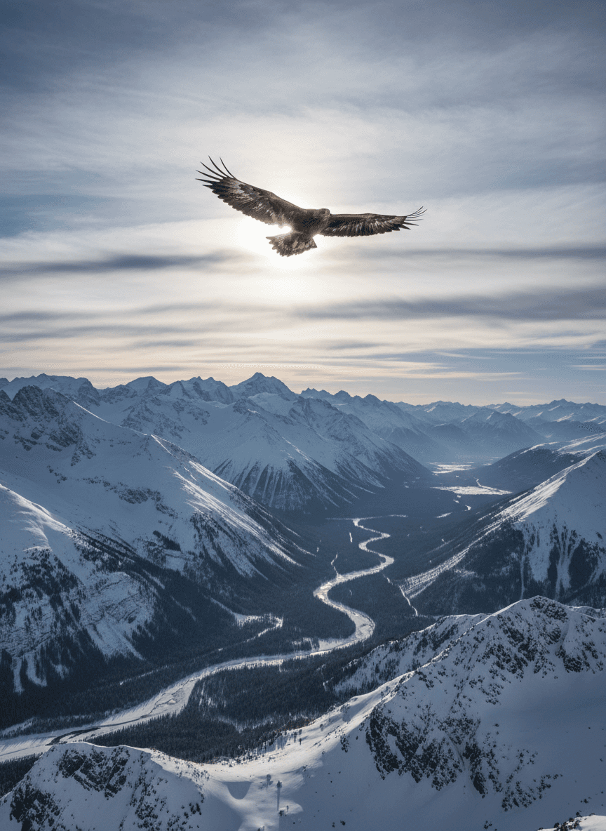 눈 덮인 산 위를 비행하는 웅장한 독수리, 야생동물 바탕화면.