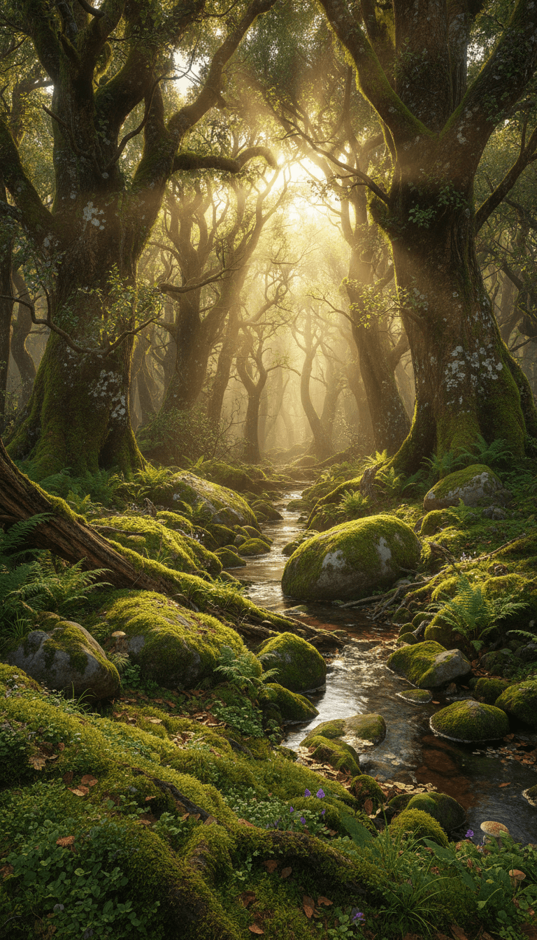 햇살이 숲을 통과하는 평화로운 숲 풍경, 고요한 바탕화면.