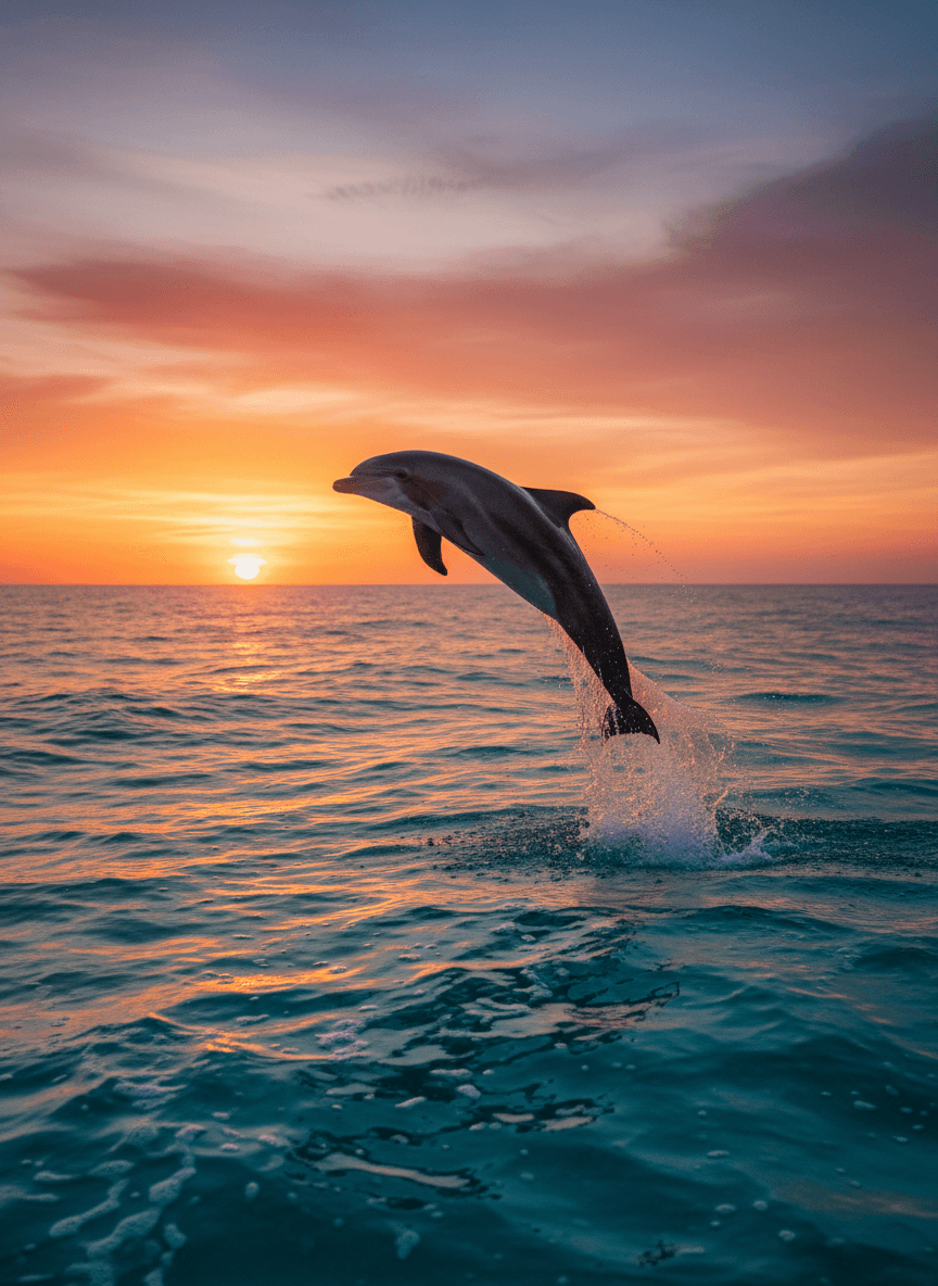 일몰 시 터키색 바다 위로 점프하는 돌고래, 역동적인 해양 생물 바탕화면.