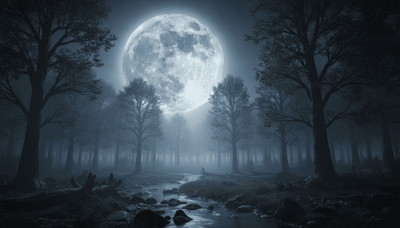 밤하늘 아래 고요한 숲을 밝게 비추는 눈부신 보름달.