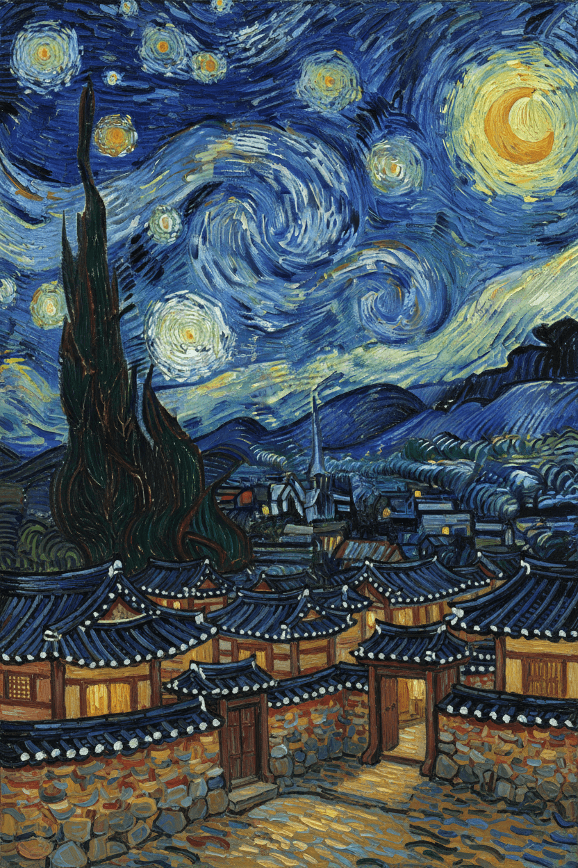 고흐의 '별이 빛나는 밤' 스타일로 한국 전통 마을이 소용돌이치는 별이 가득한 밤하늘 아래 그려진 그림.