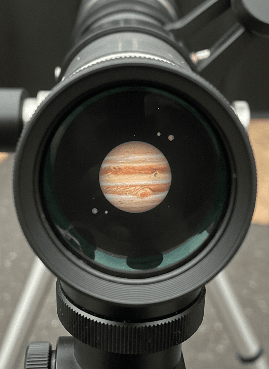 망원경 접안렌즈를 통해 보이는 확대되고 선명한 목성과 그 위성들의 모습, 깊은 검은 밤하늘 배경.