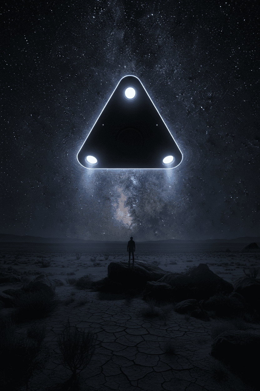수많은 별들 사이에 조용히 떠 있는 희미하게 빛나는 삼각형 UFO가 외딴 황량한 풍경에서 관찰되는 미래적인 SF 밤하늘입니다.