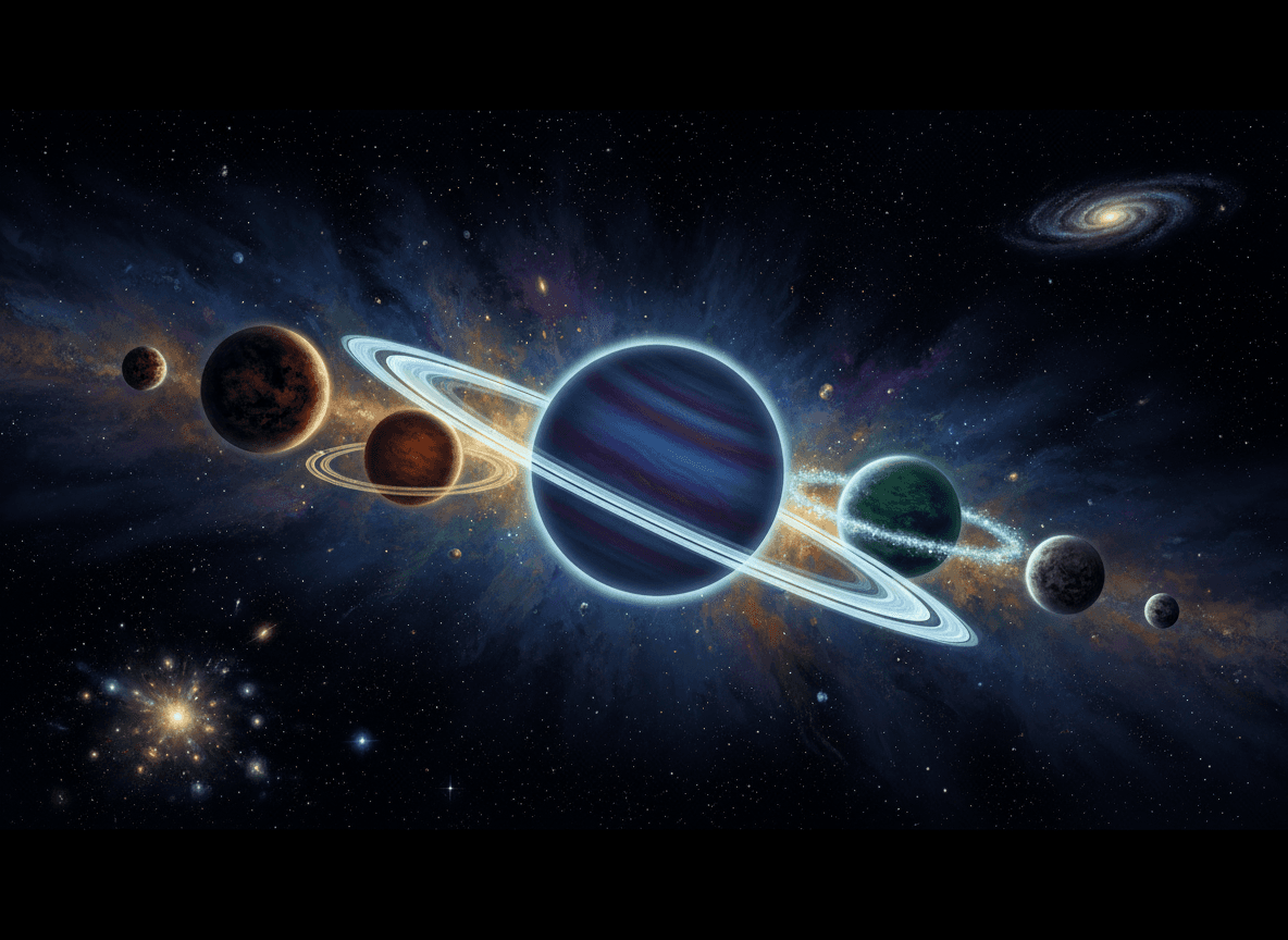 미묘하게 빛나는 고리를 가진 여러 행성이 밤하늘에 아름답게 정렬된 모습, SF 일러스트 스타일.