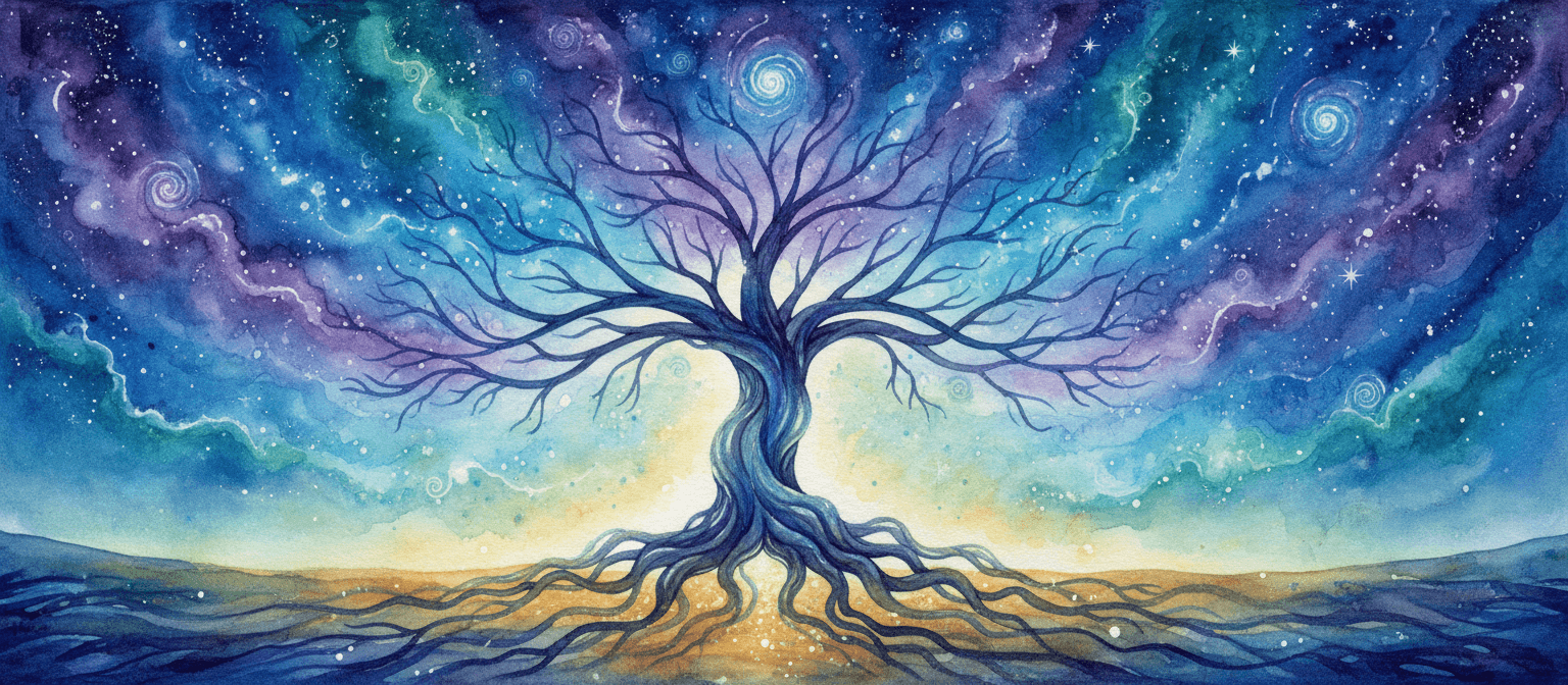 빛나는 뿌리와 가지가 우주적인 빛과 별 먼지로 가득 찬 천상의 밤하늘을 향해 뻗어 있는 생명의 나무.