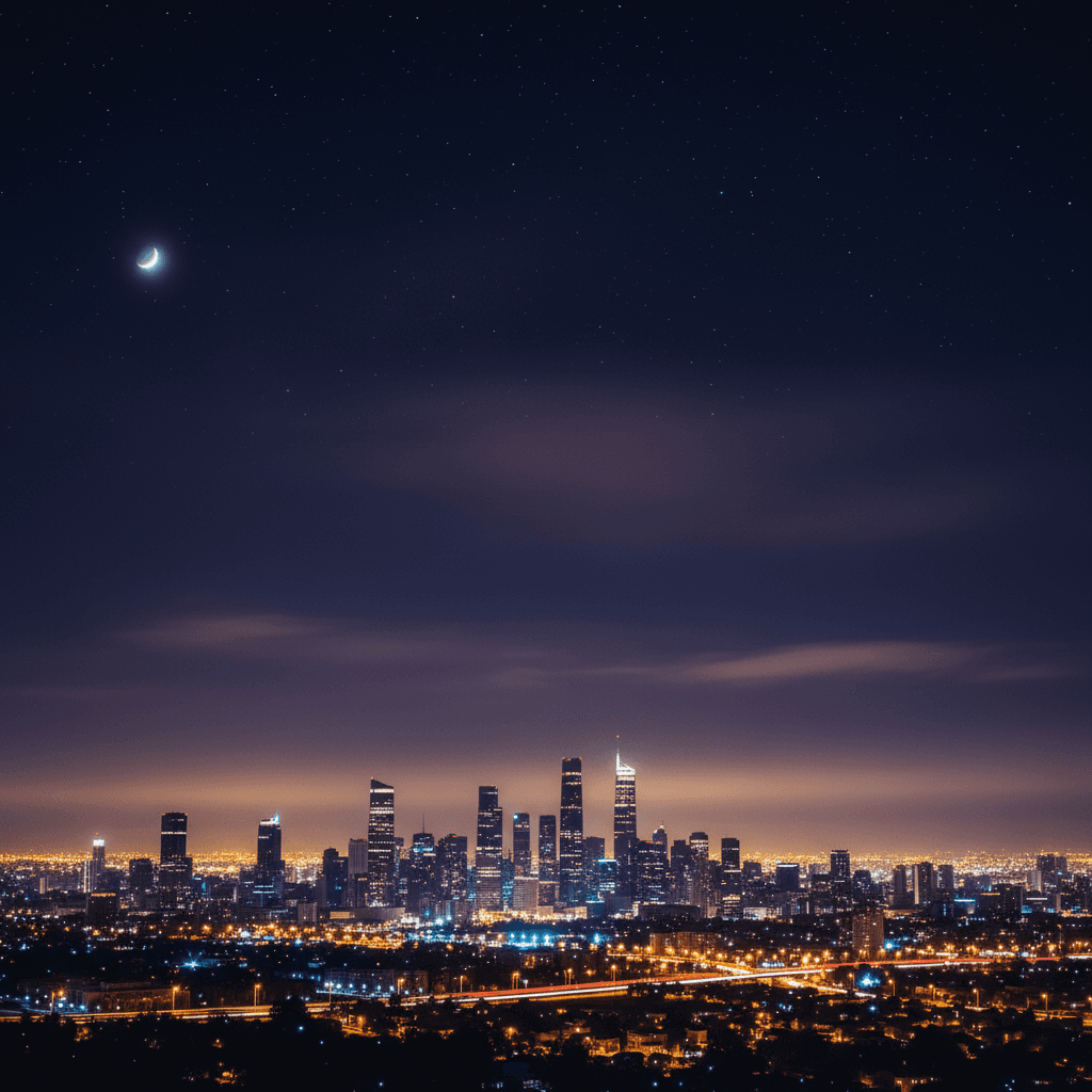 도시의 불빛 사이로 몇몇 별이 희미하게 보이는 깊은 남색의 밤하늘과 현대적인 도시 풍경의 실루엣.