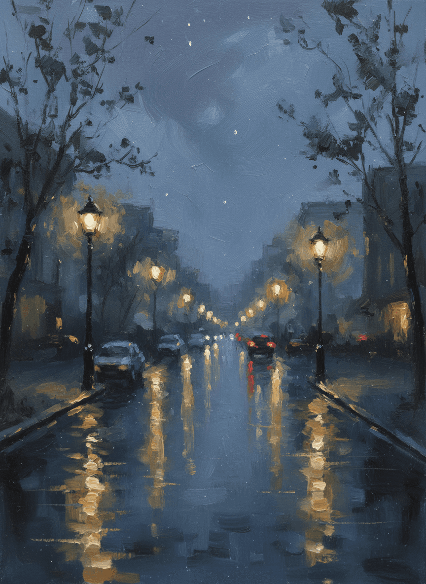 비 내리는 밤거리 풍경으로, 젖은 아스팔트에 어두운 밤하늘이 은은하게 비치고 가로등 불빛이 몽환적인 빛을 만듭니다.
