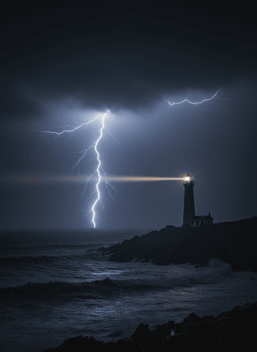 격동하는 바다 위로 폭우와 번개가 치는 폭풍우 치는 밤하늘을 꿰뚫는 등대 불빛.