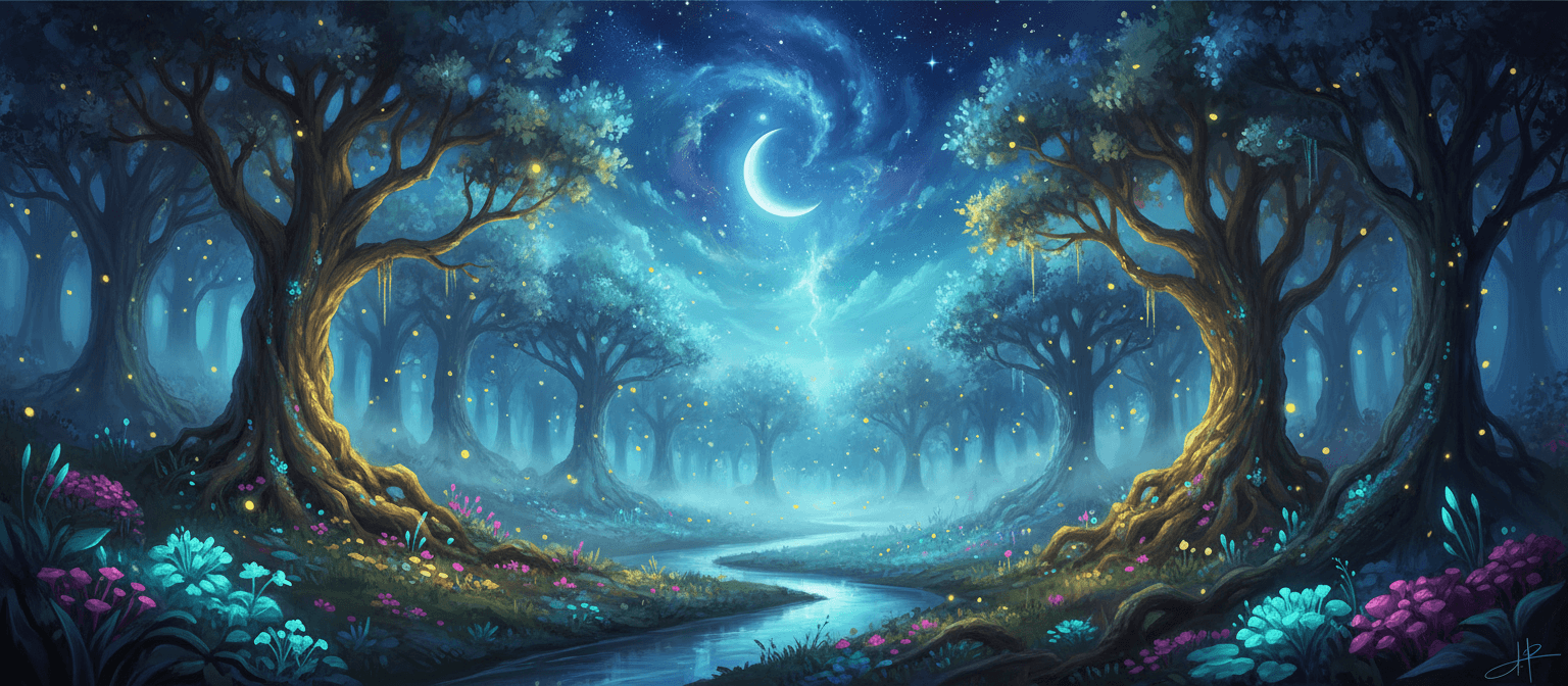 오래된 빛나는 숲 위로 마법 같은 밤하늘이 드리워져 있으며, 생체 발광 식물과 반딧불이가 가득하다.