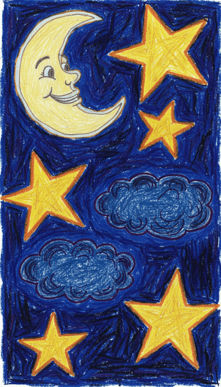 커다란 노란 별, 웃는 초승달, 구불구불한 짙푸른 구름이 있는 아이의 그림 같은 밤하늘 묘사입니다.