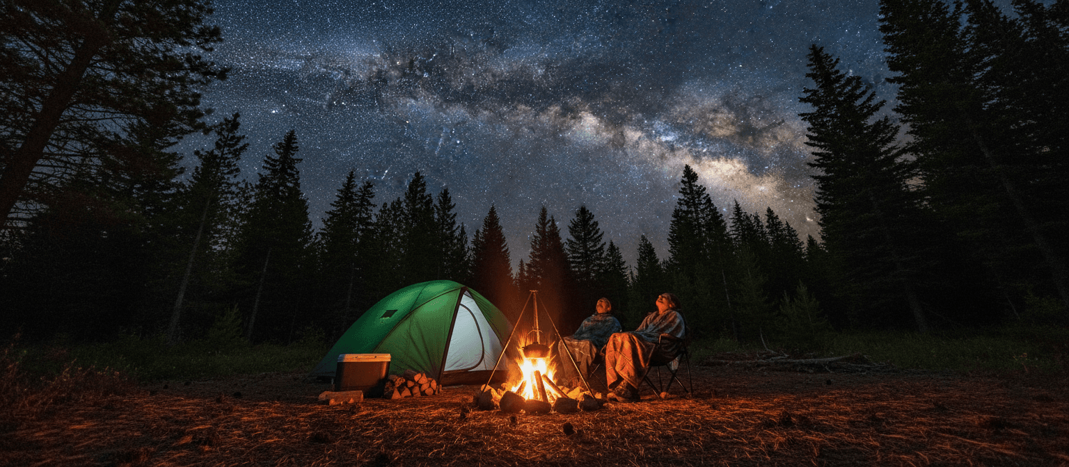 따뜻한 모닥불이 타오르고 텐트가 쳐진 아늑한 캠핑장 풍경입니다. 캠핑객들이 놀랍도록 맑은 별이 가득한 밤하늘을 올려다보고 있습니다.