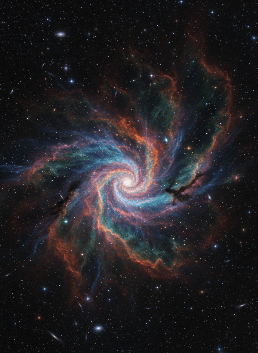 소용돌이치는 우주 먼지와 가스가 있는 장엄하고 생생한 성운이 깊은 우주 밤하늘의 한 부분을 지배한다.