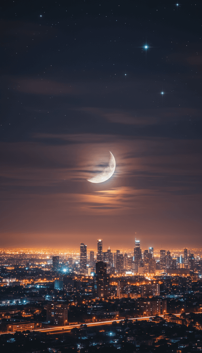 도시의 불빛 공해로 부분적으로 가려졌지만, 희미한 달과 몇몇 밝은 별들이 보이는 도시의 밤하늘입니다.