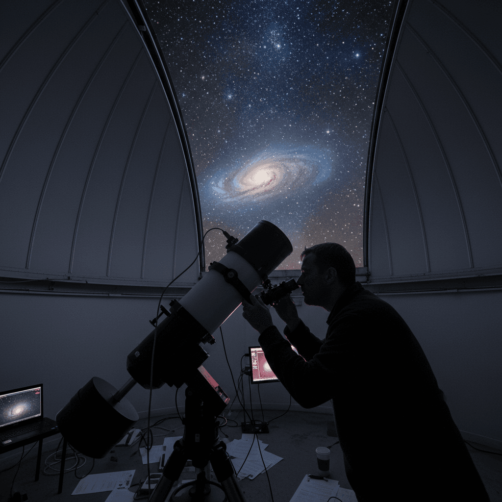 천문대에서 망원경을 통해 별이 가득한 밤하늘을 관측하는 사람.