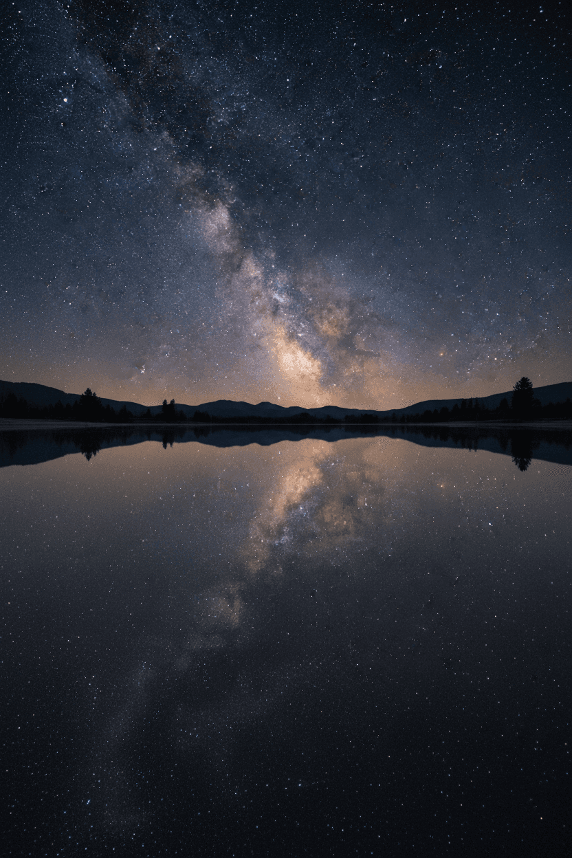 별이 가득한 숨막히는 밤하늘을 완벽하게 대칭으로 비추는 완벽하게 고요한 연못.