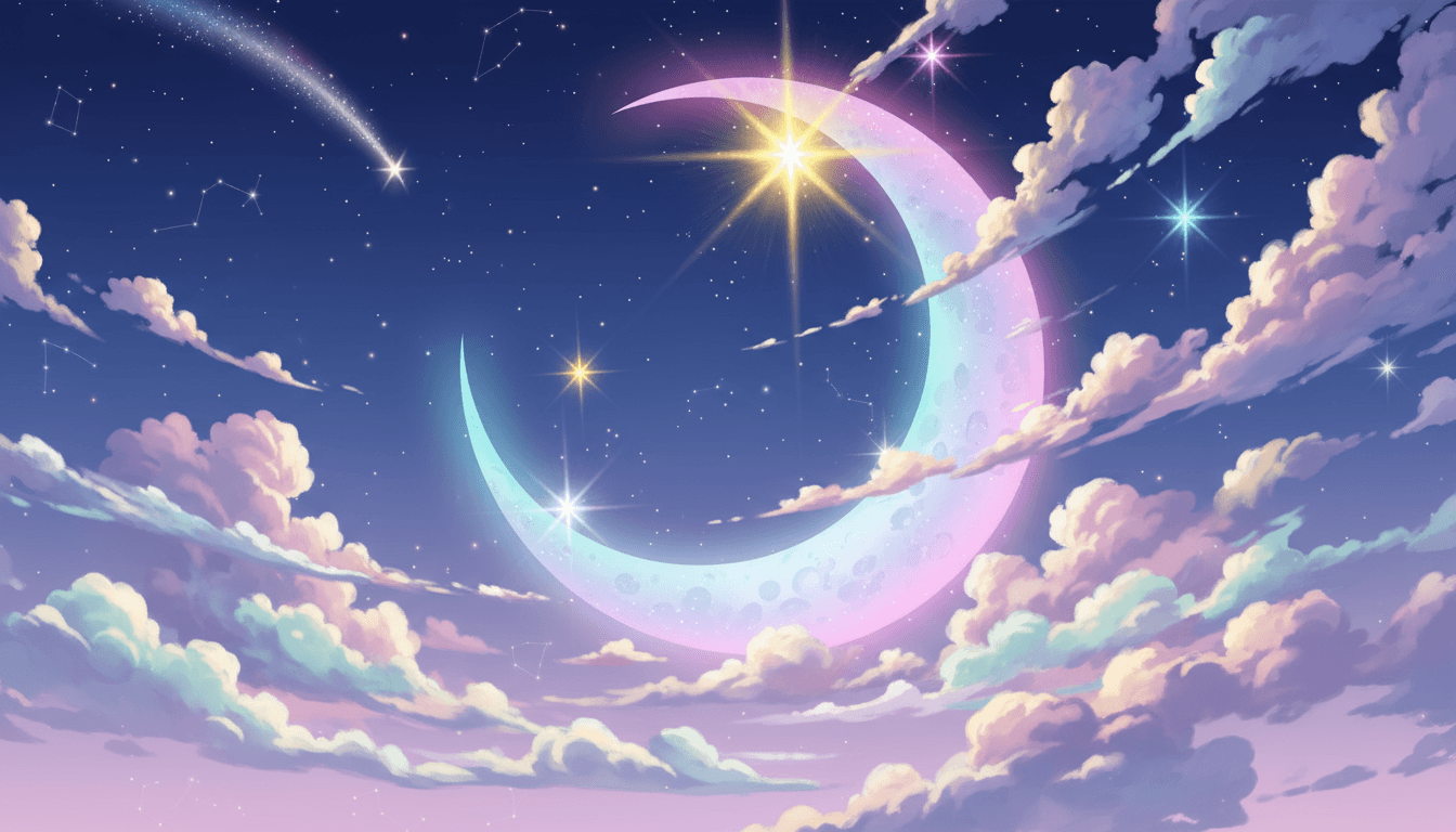 과장되게 크고 반짝이는 별들, 초승달, 그리고 몽환적인 구름이 있는 애니메이션 스타일의 밤하늘입니다. 부드러운 파스텔톤입니다.