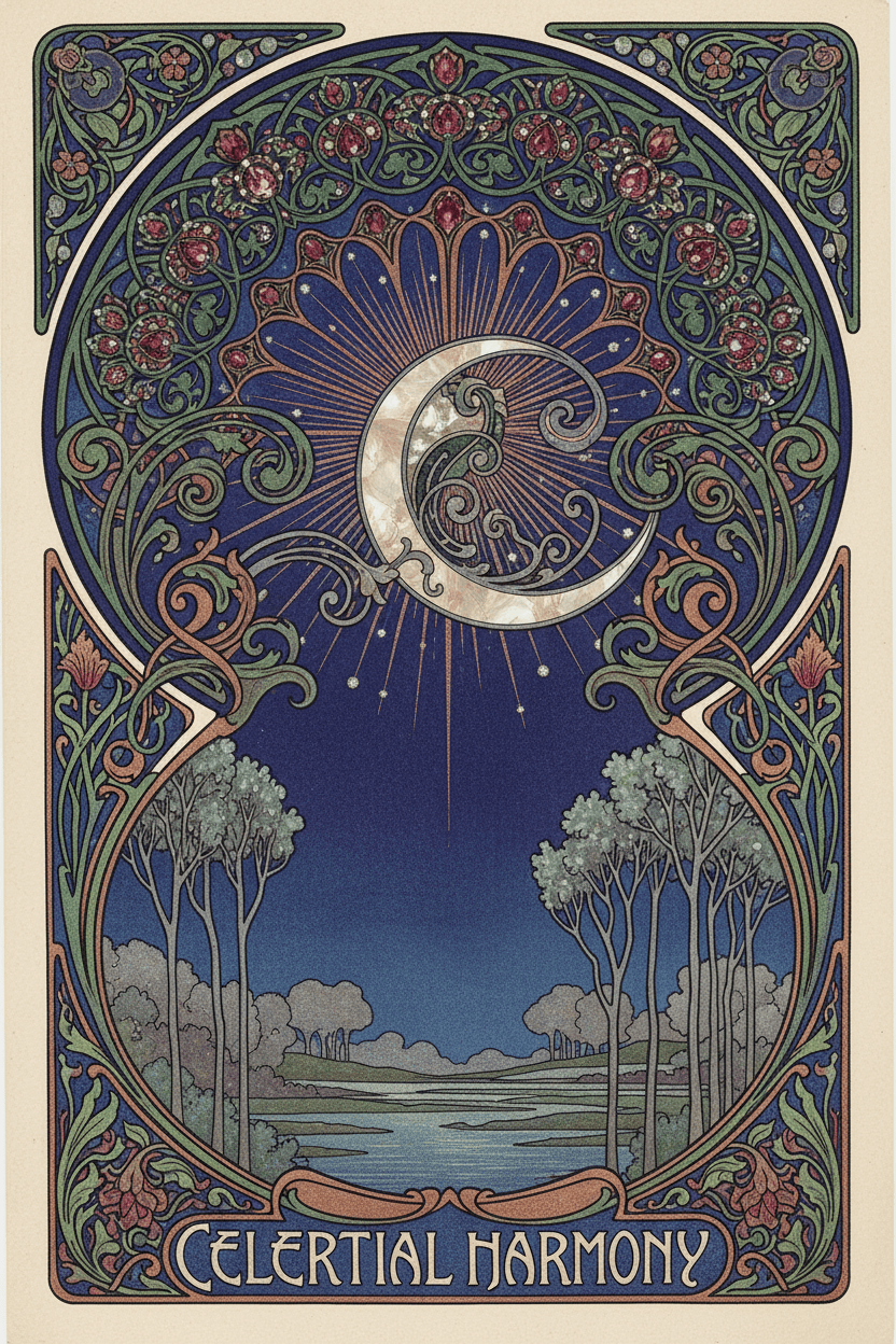 아르누보 양식에서 영감을 받은 밤하늘, 우아하게 휘감는 패턴, 양식화된 달과 별들이 빈티지 포스터 스타일로 표현됨.