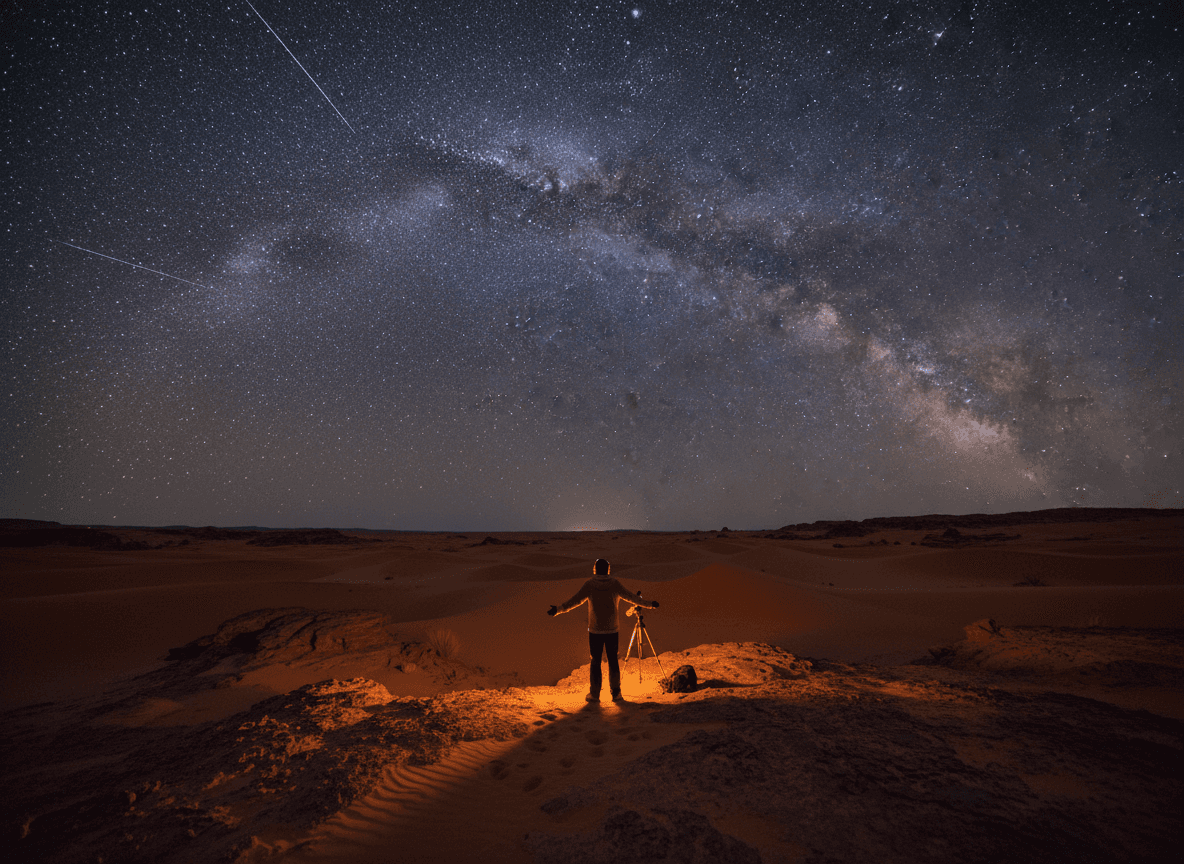 광활한 사막에서 별이 쏟아지는 맑은 밤하늘 아래 홀로 별을 응시하는 사람.