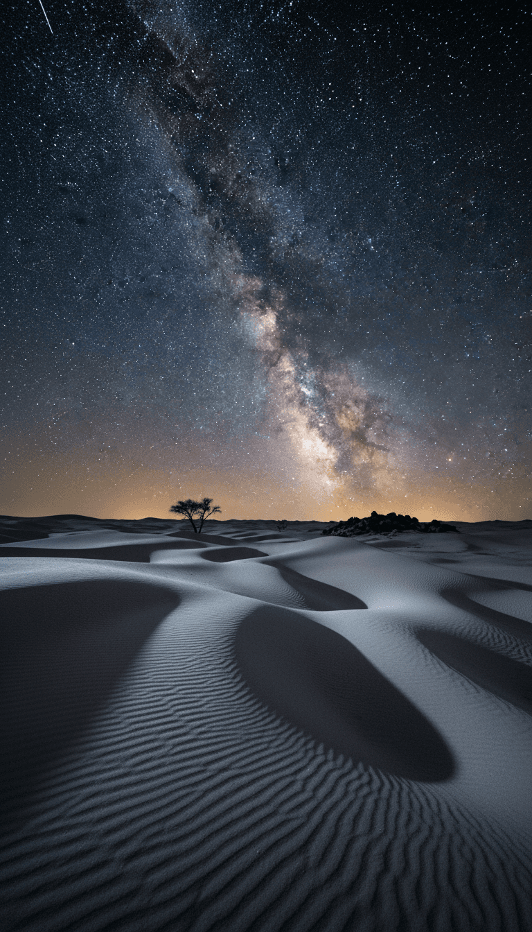 드라마틱한 그림자 아래 모래 언덕이 펼쳐진 광활한 사막 위로 별이 쏟아지는 밤하늘.