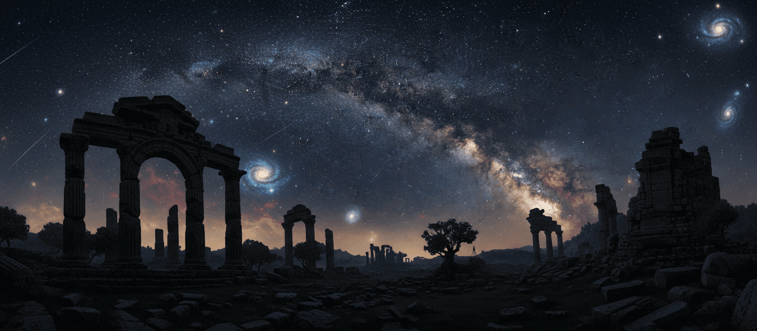 역사와 영원함을 느끼게 하는 심오하고 우주적인 밤하늘을 배경으로 실루엣을 이루고 있는 고대 유적.