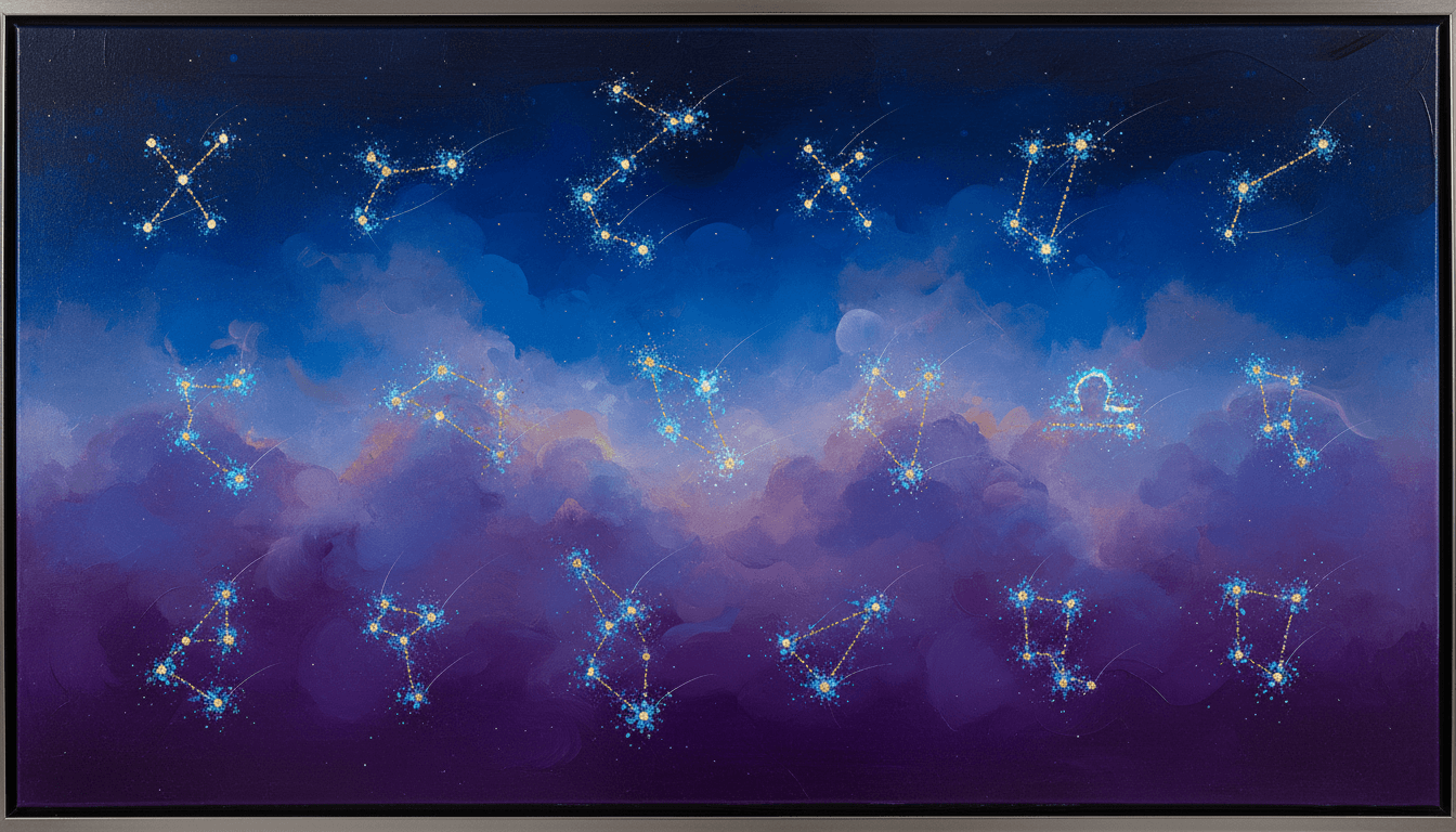 어두운 파란색과 보라색 그라데이션 밤하늘을 배경으로 빛나는 점으로 형성된 황도 12궁 별자리의 하이퍼리얼리즘 추상화.