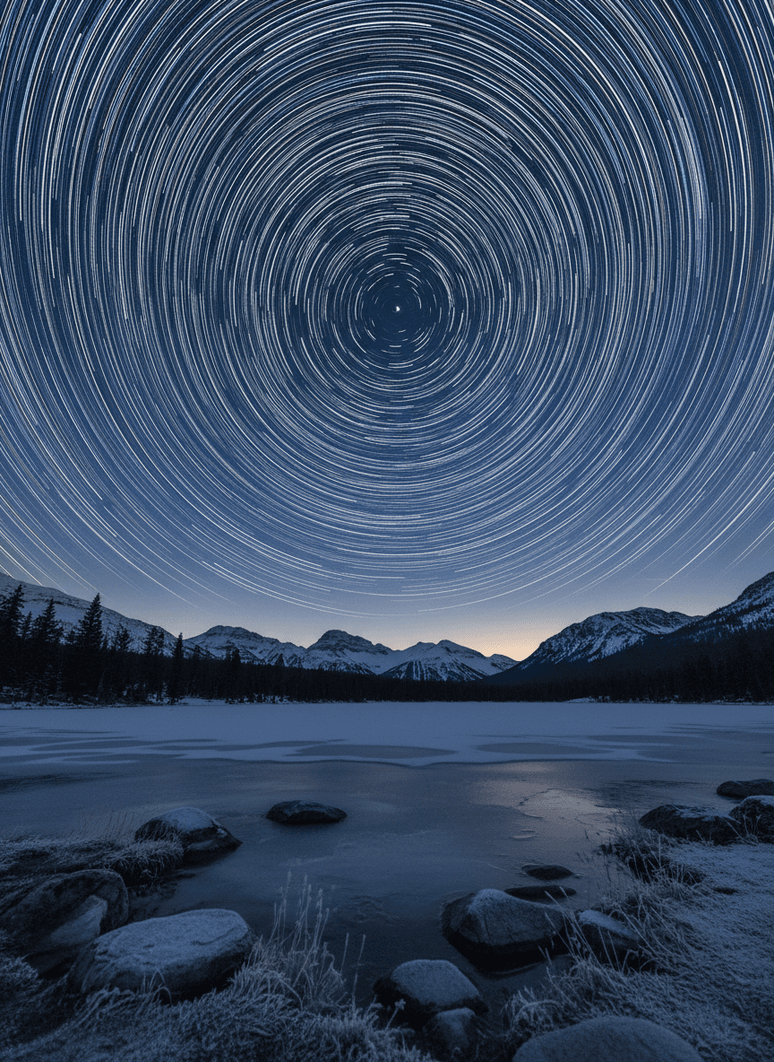 맑은 밤하늘에 북극성 주변을 소용돌이치는 별의 궤적을 담은 매혹적인 장노출 사진.