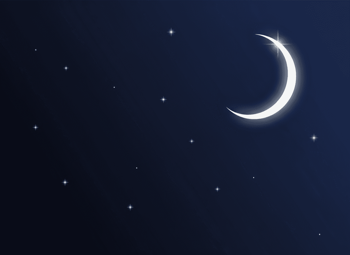 어둡고 단순한 배경에 완벽하게 묘사된 몇 개의 반짝이는 별과 선명한 흰색 초승달만 있는 미니멀한 밤하늘입니다.