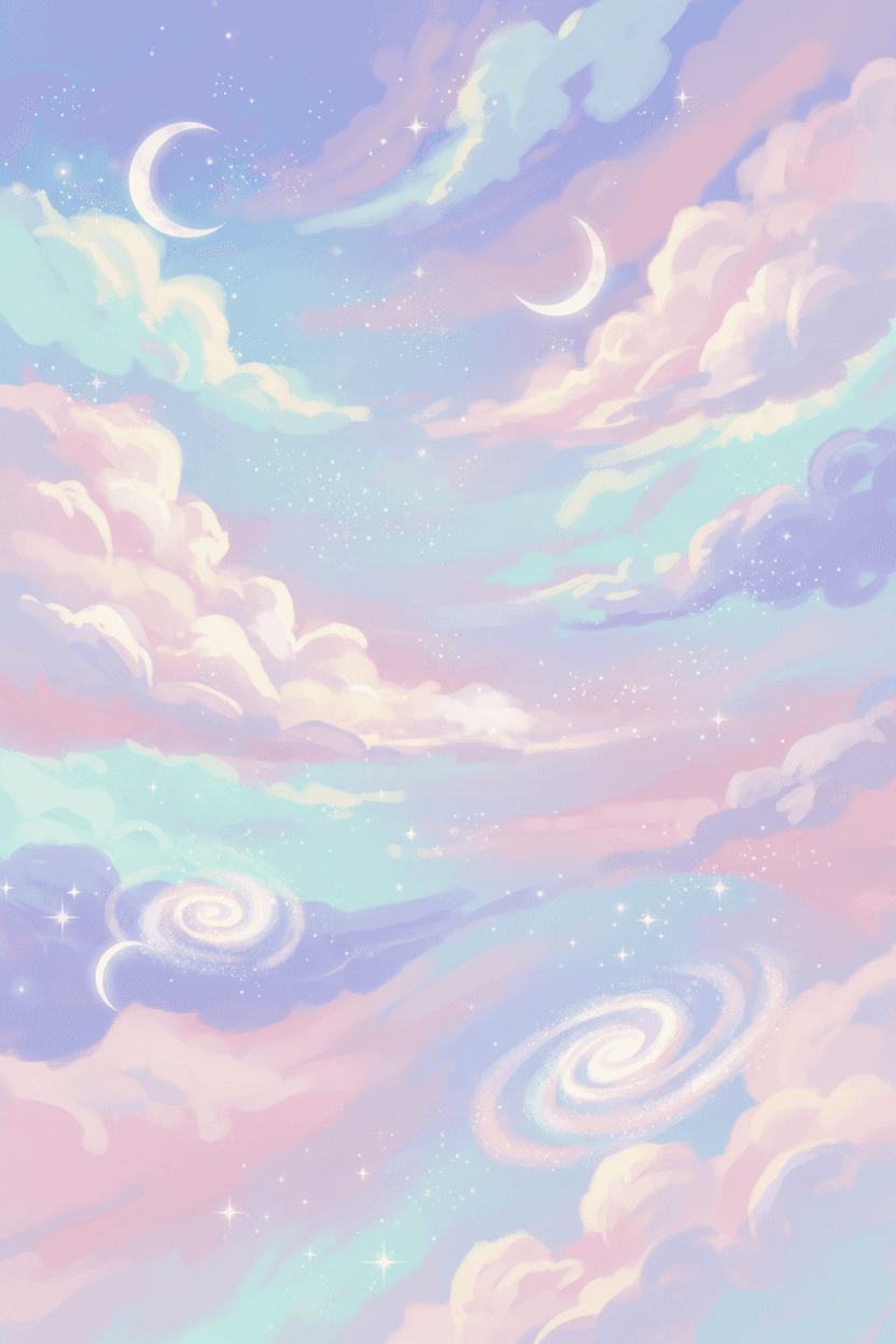 부드러운 구름과 반짝이는 천체가 있는 몽환적인 파스텔 밤하늘, 예술적인 붓터치로 표현됨.