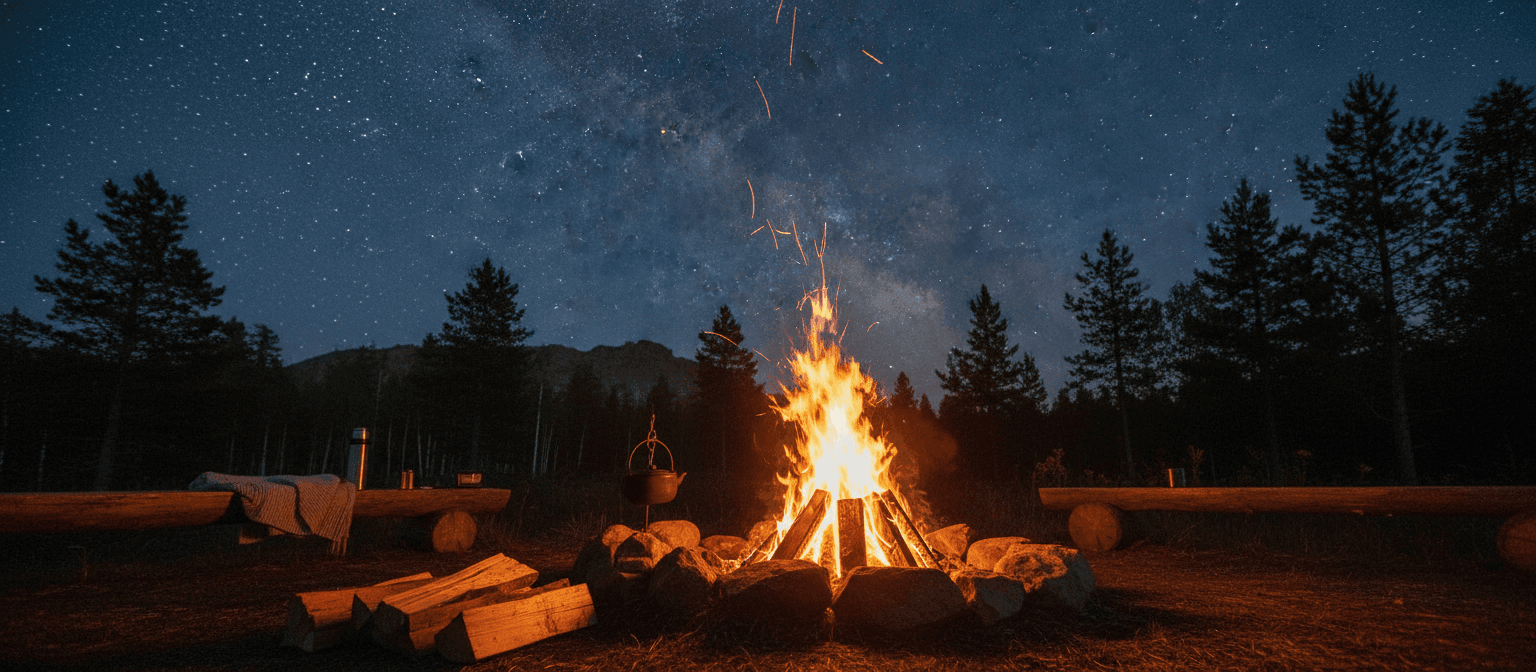 고요한 야생 속 넓고 별이 가득한 밤하늘 아래 따뜻하게 타오르는 모닥불.