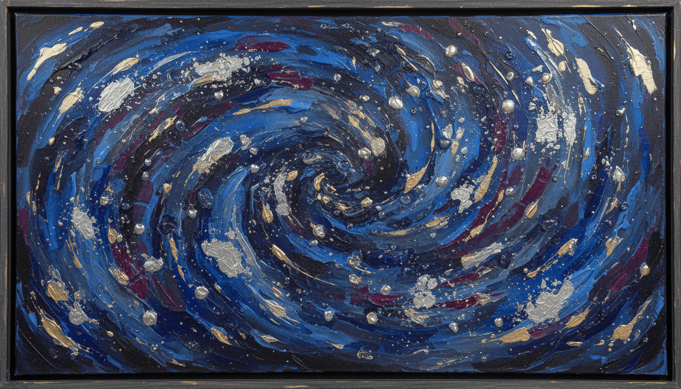짙은 파란색, 검정색, 보라색의 소용돌이치는 붓놀림과 금속성 은색과 금색 별들이 뿌려진 추상적인 밤하늘 그림입니다.