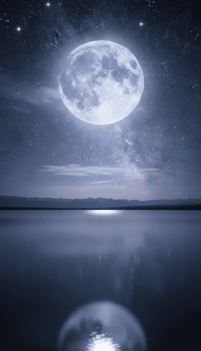 깊은 남색 밤하늘에 밝은 별들이 흩어져 있고, 잔잔한 호수 위에 환한 보름달이 은은하게 빛나는 모습입니다.