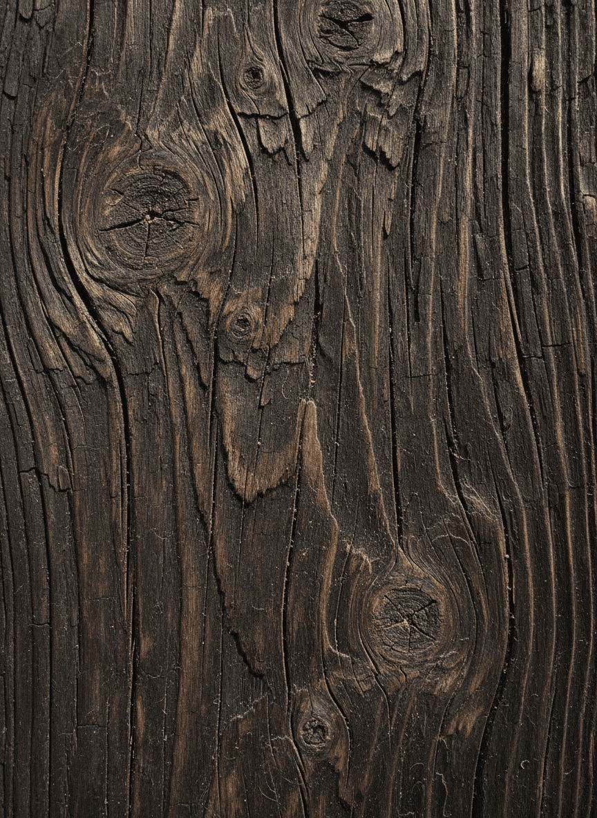 세월의 흔적이 느껴지는 어두운 나무 결의 상세한 근접 촬영 이미지.