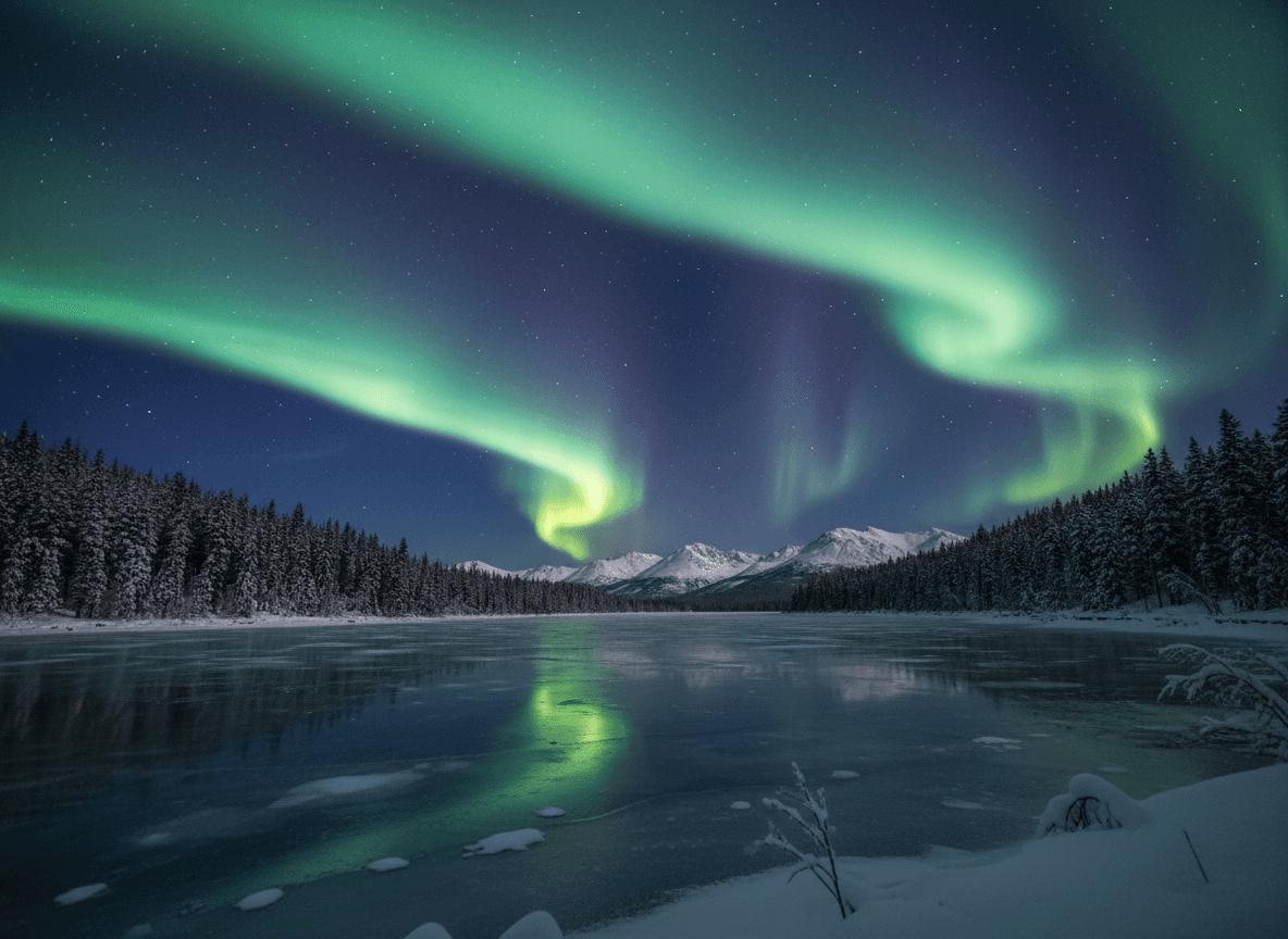 별이 빛나는 밤하늘 아래 눈 덮인 소나무 숲과 얼어붙은 호수 위로 펼쳐진 오로라.